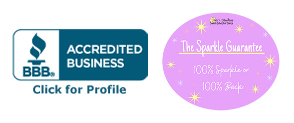 BBB Blue Seal Accredited Business and Fuchsia oval with the Starr Studios Sparkle Guarantee "100% Sparkle or 100% Back"