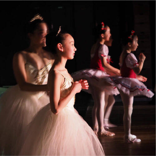 Four ballet dancers standing on a low-lit stage wearing pink tutus