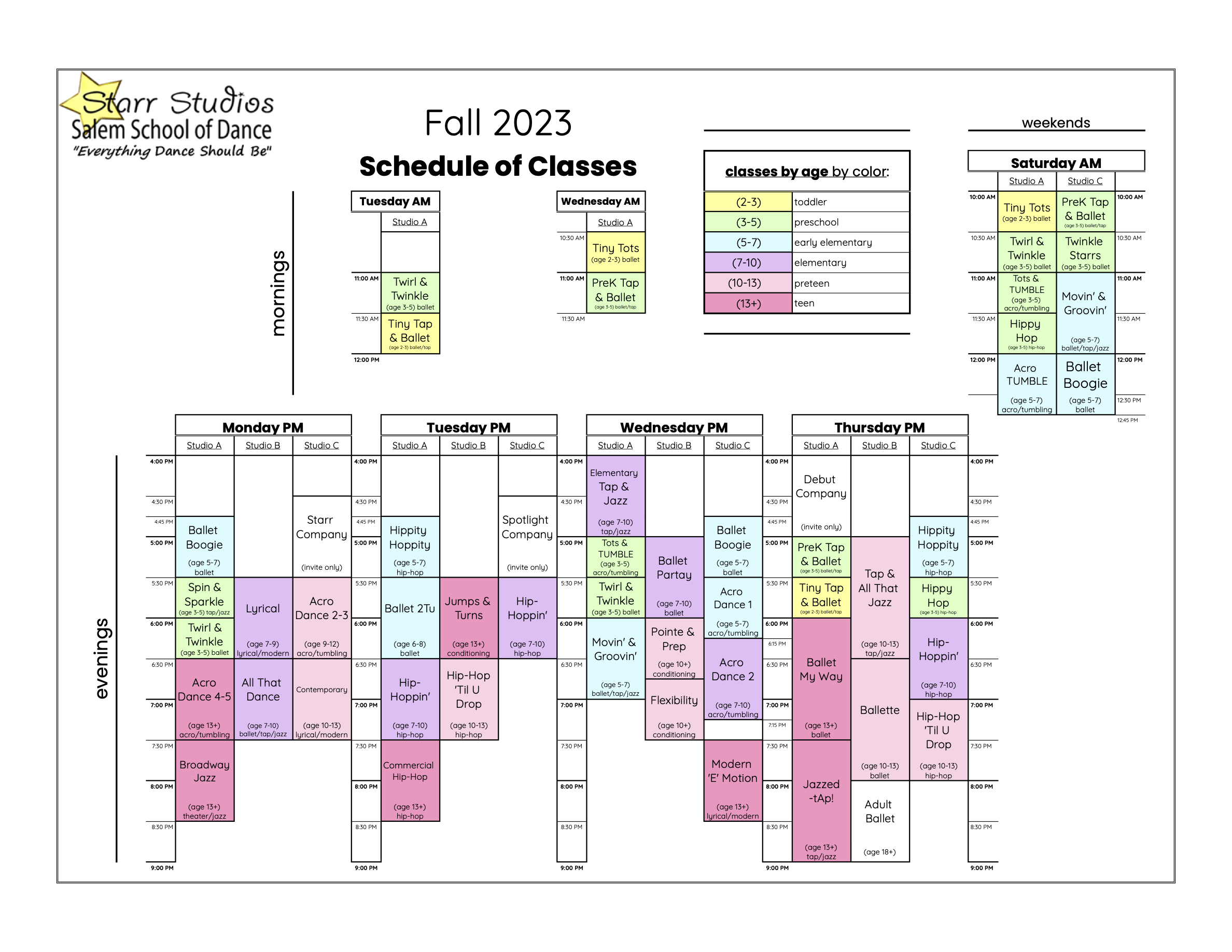 Starr Studios Fall 2023 class schedule