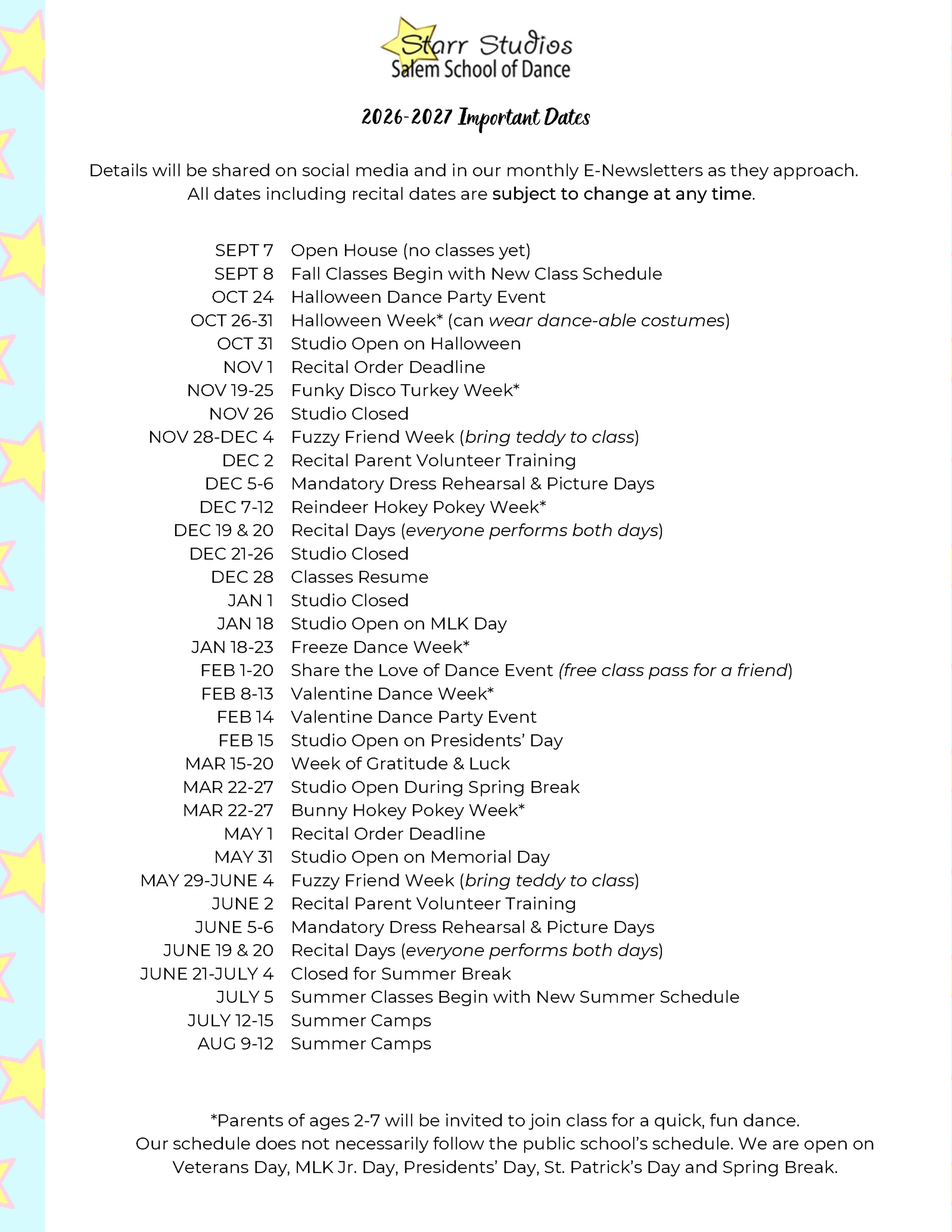 Important Dates - 2026-2027 - list of